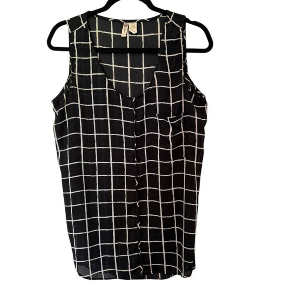 Japna Black White Plaid Sleeveless Lightweight Scoop Neck Tunic Blouse Large